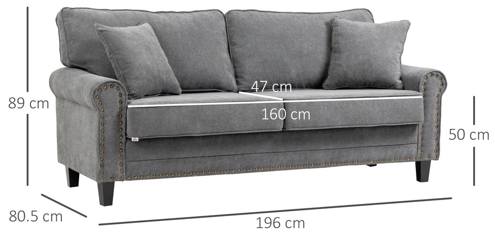 HOMCOM Sofá de 2 Lugares Sofá de Sala de Estar Moderno Estofado em Poliéster com 2 Almofadas Pés de Madeira de Borracha 196x80,5x89cm Cinza