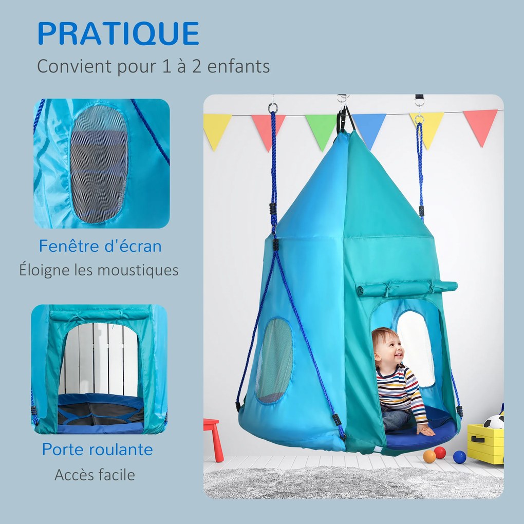 Baloiço em forma de ninho de pássaro com tenda amovível, Ø 100 cm, carga máxima de 150 kg, corda ajustável em altura de 120 a 180 cm, azul