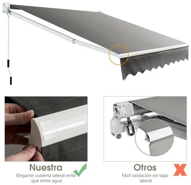 Toldo retrátil 295 x 250 cm com manivela manual Marquesina para parede Porta Janela Cinza