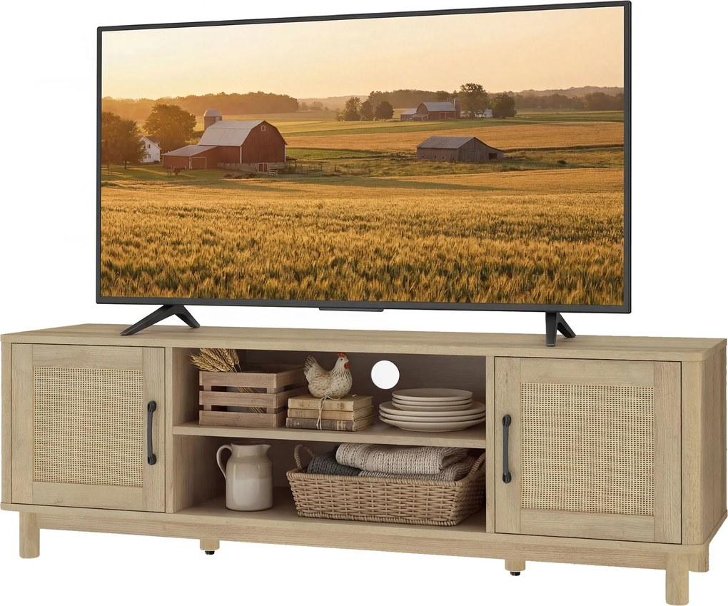 Móvel de TV 135 x 39 x 45 cm, móvel para televisores até 65 polegadas com 2 portas em rattan, 2 compartimentos abertos, cor carvalho