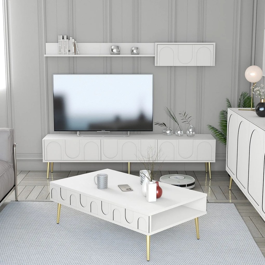 Conjunto de Mobiliário de Sala de Estar Lyon – Branco/Dourado – TV Uni