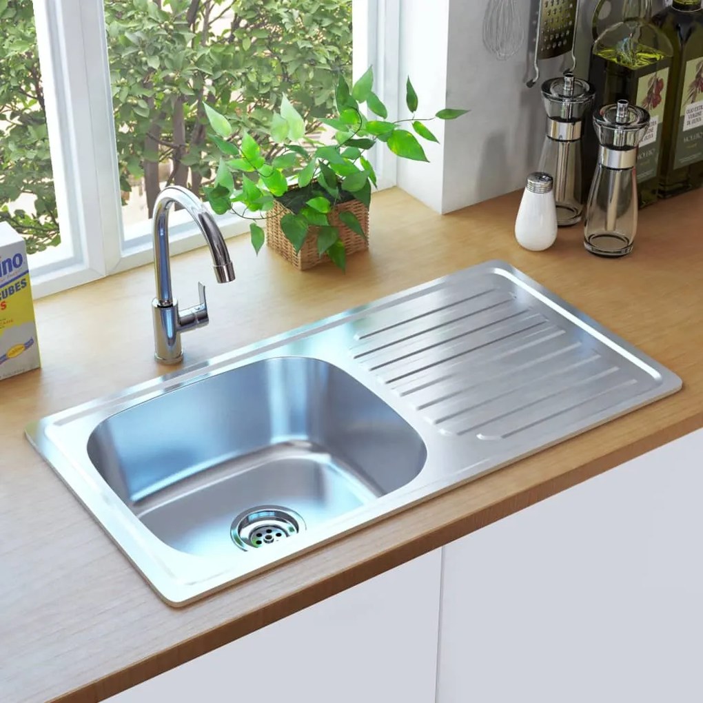 145073 vidaXL Lava-louças de cozinha com ralo e sifão aço inoxidável