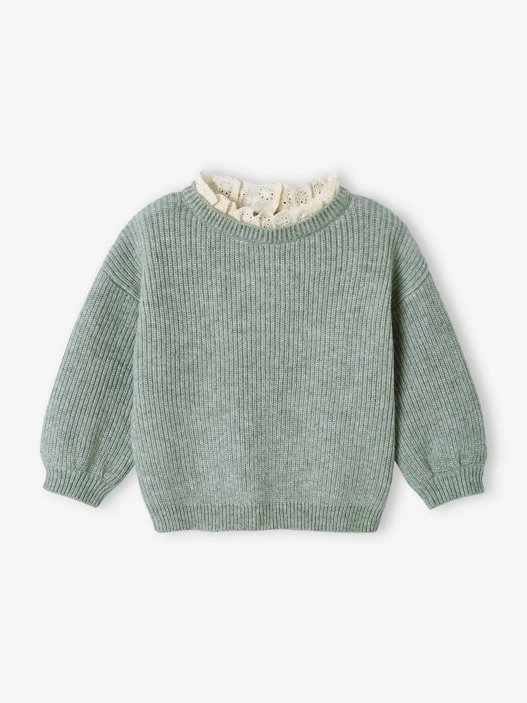 Camisola em malha canelada, gola em bordado inglês, para bebé verde-salva