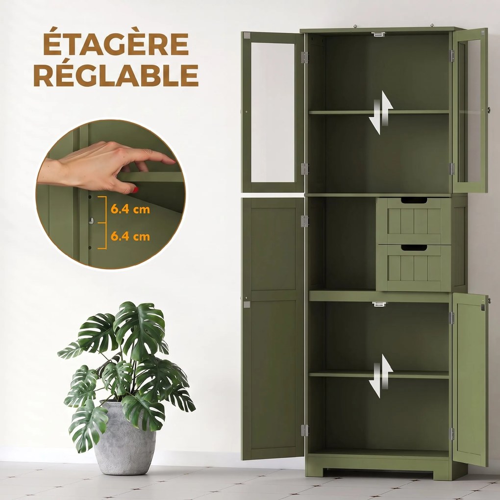 Armário alto de arrumação, 60 (L) x 30 (P) x 170 (A) cm com portas de vidro e prateleiras ajustáveis, para casa de banho, cozinha e sala de estar, ver