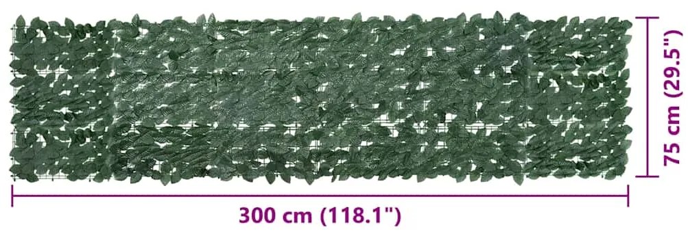Tela de varanda com folhas verde-escuras 300x75 cm