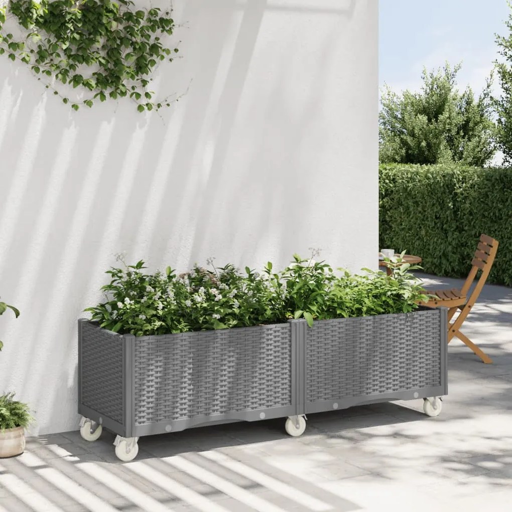 vidaXL Vaso/floreira de jardim c/ rodas 160x50x54 cm PP cinzento-claro