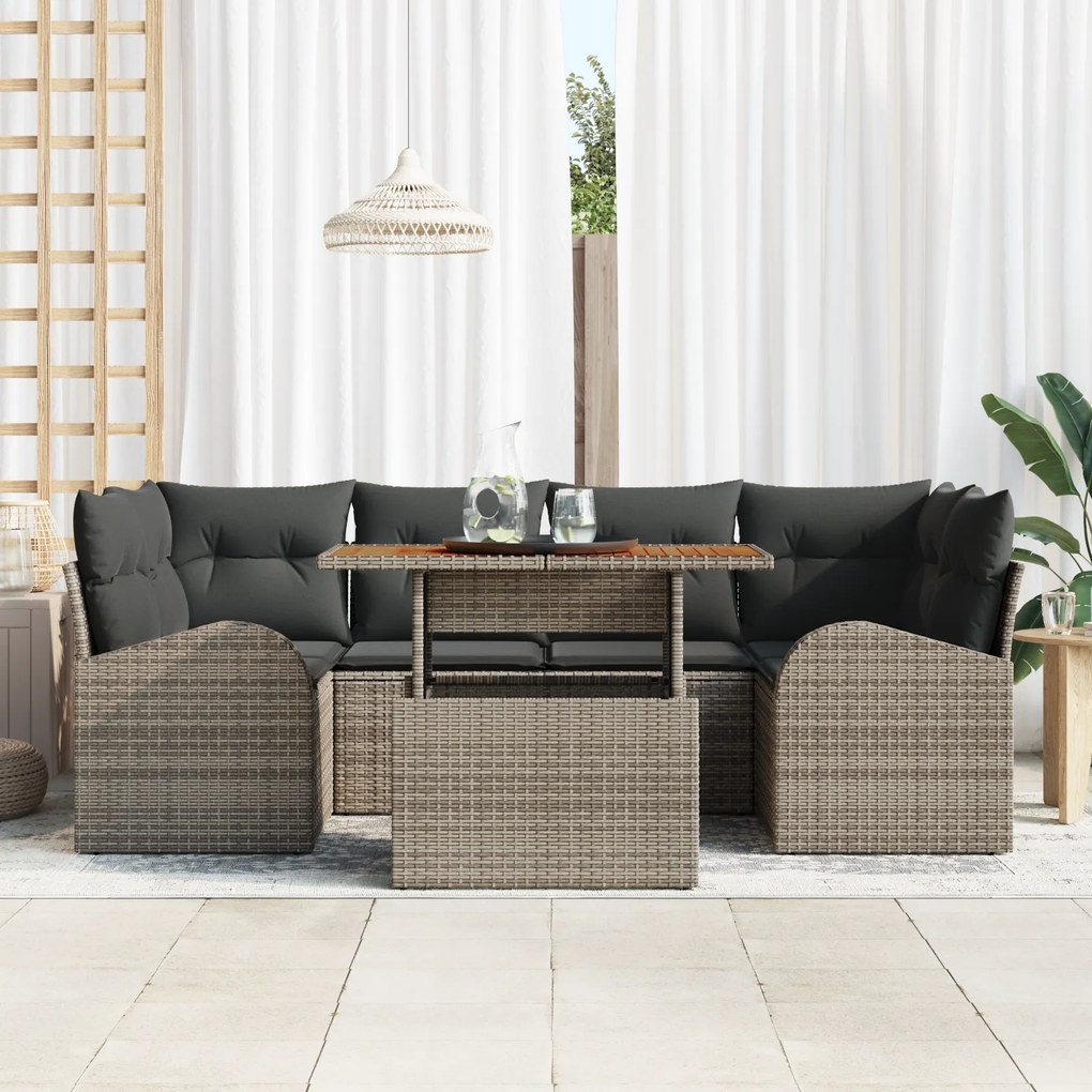 Conjunto de Sofá de Jardim vidaXL de 7 Peças com Almofadas Cinza Vime