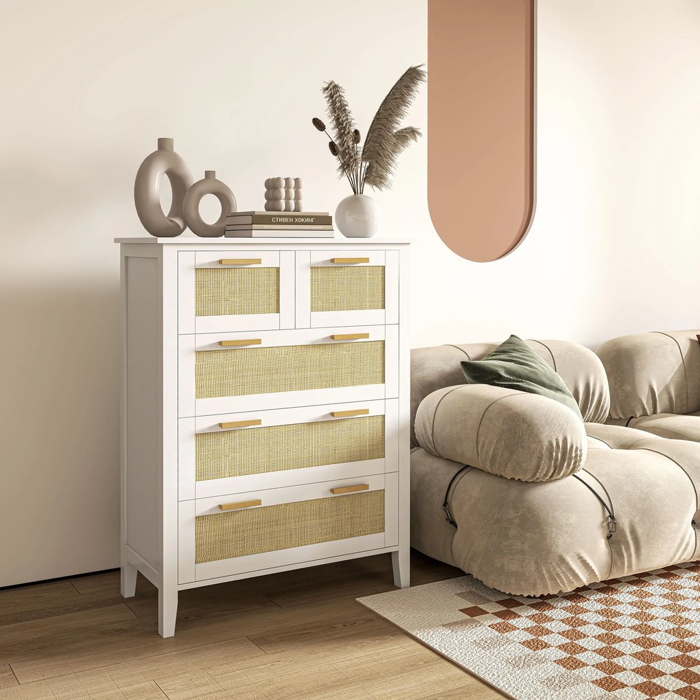 Cómoda com 5 gavetas, puxadores em madeira maciça e corrediças metálicas, para escritório, sala de estar ou quarto, 77 x 37 x 104 cm, branca
