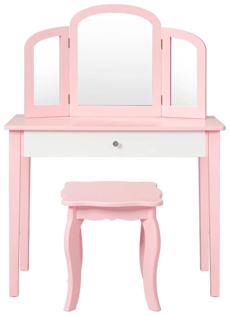Conjunto de toucador e cadeira infantil Mesa de maquiagem com espelho de três partes e banco de mesa removível 2 em 1 Rosa