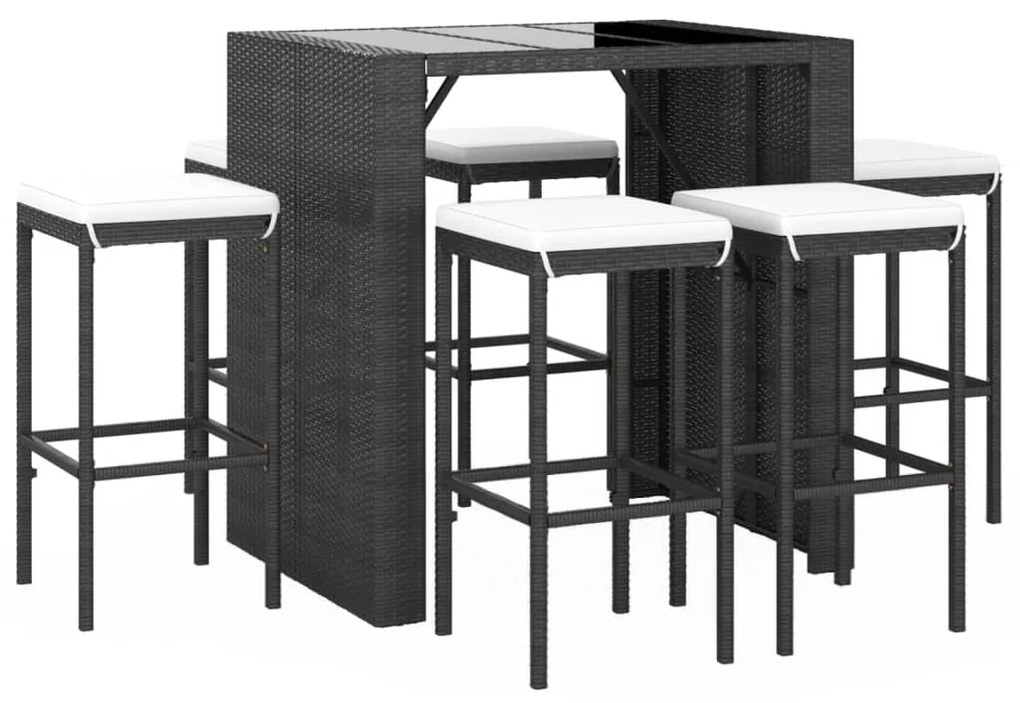 7 pcs conjunto de bar para jardim c/ almofadões vime PE preto