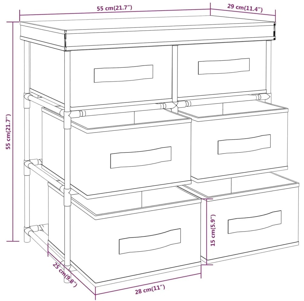 Armário de arrumação com 6 gavetas 55x29x55 cm aço preto