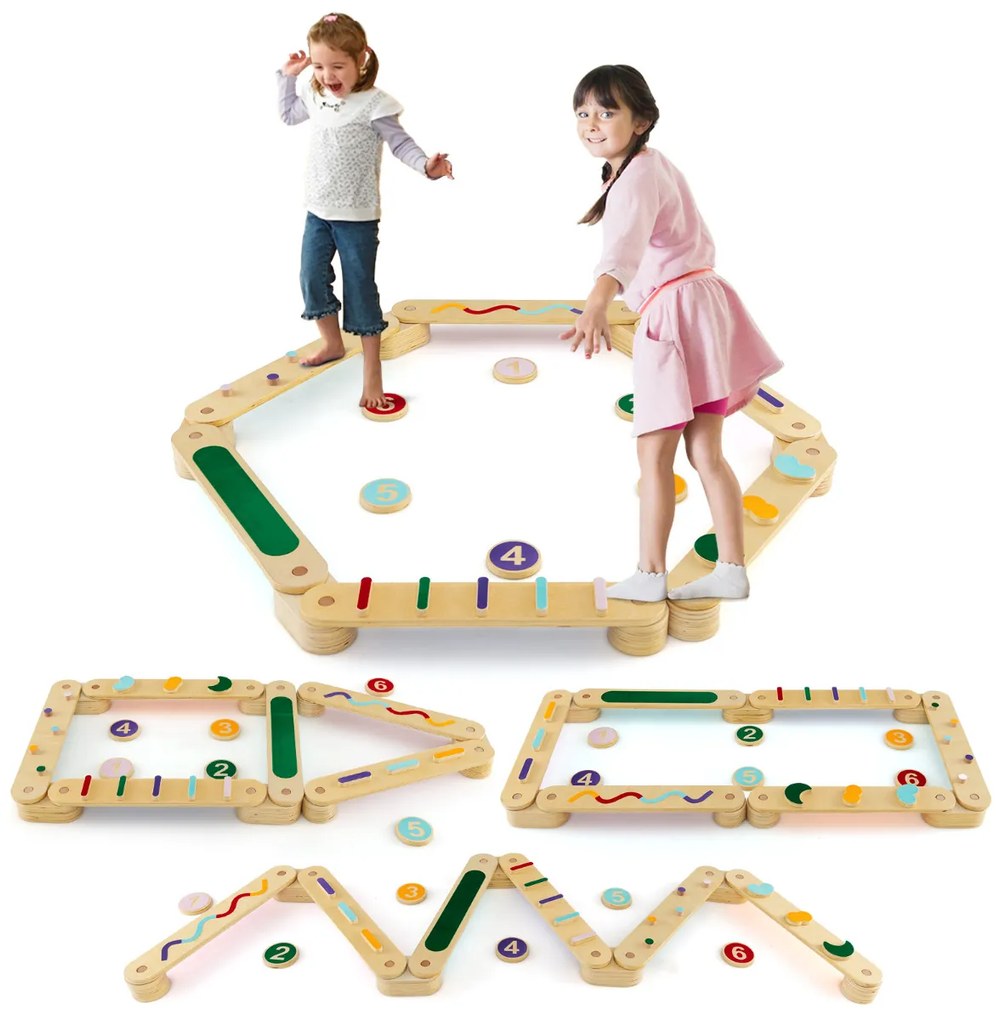 Conjunto de traves de equilíbrio Montessori com pedras para mais de 1 criança Traves de equilíbrio em madeira para coordenação e capacidades motoras