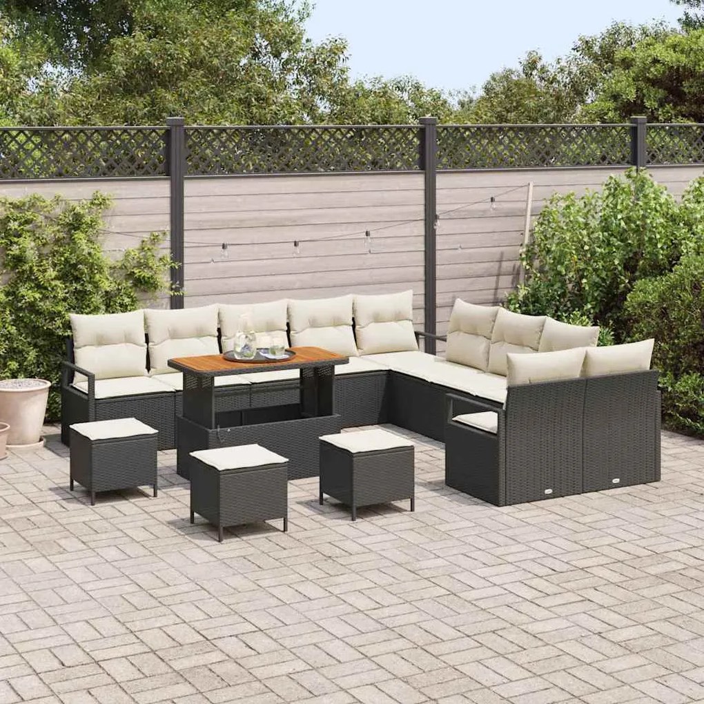 Conjunto de Sofá de Jardim com 14 Peças e Almofadas Preto Vime PE Acác