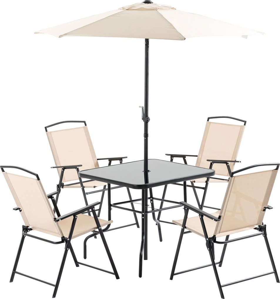 Outsunny Conjunto de Jardim Refeição com 4 Cadeiras Dobráveis Mesa e Chapéu de Sol Inclinável  80x80x70cm Bege | Aosom Portugal