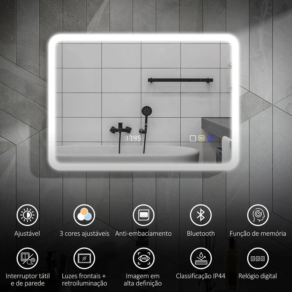Espelho de Casa de Banho com Luz LED 70x50 cm Bluetooth 3 Cores de Luz Relógio Digital Função Antiembaciamento Função de Memória Prata