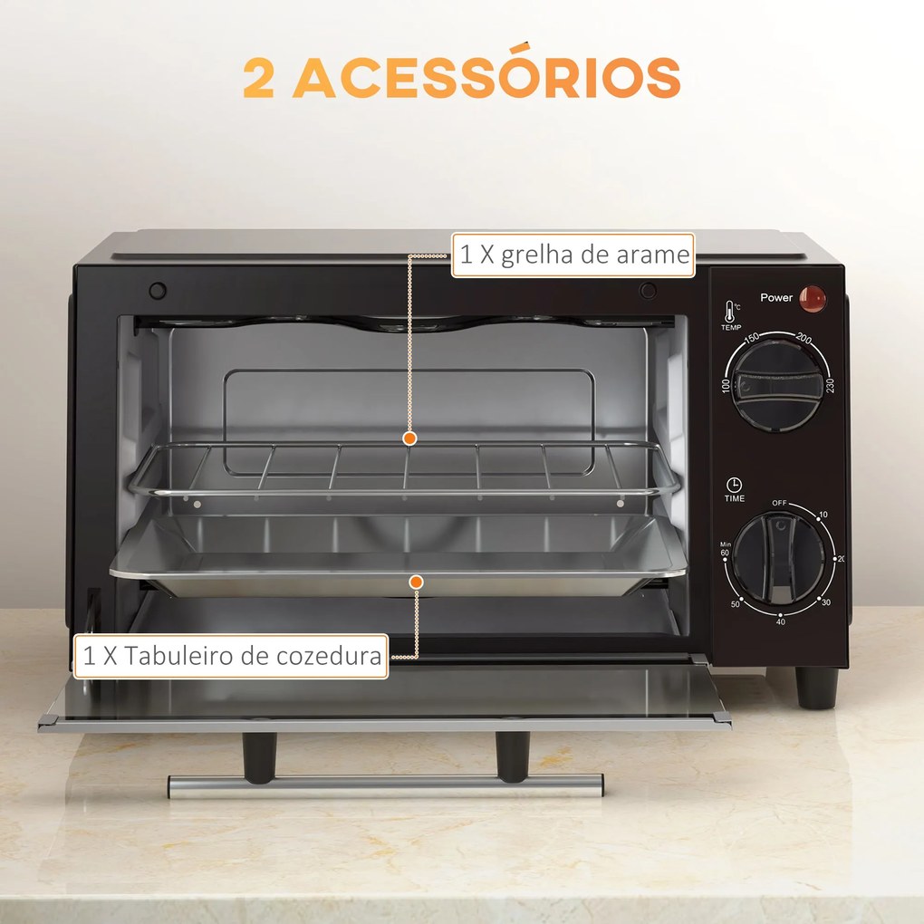 HOMCOM Mini Forno Elétrico 9L Forno Elétrico de Bancada 750W com Tempe