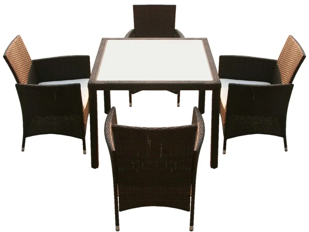 5pcs conjunto de jantar exterior c/ almofadões vime PE castanho
