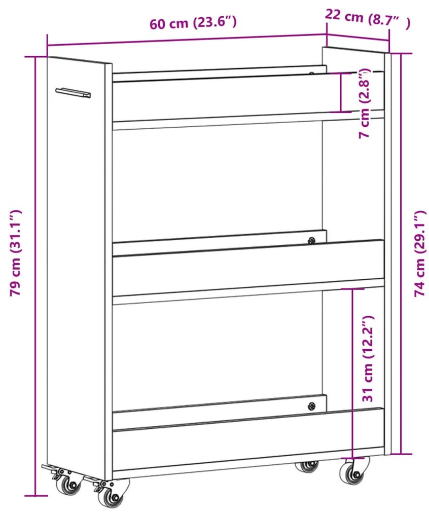 Armário c/ rodas 60x22x79 cm derivados madeira cinzento sonoma