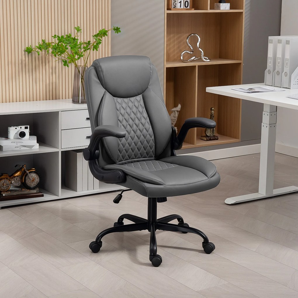 Cadeira de escritório, cadeira ergonómica com braços rebatíveis, altura ajustável, função de balanço, cinzenta