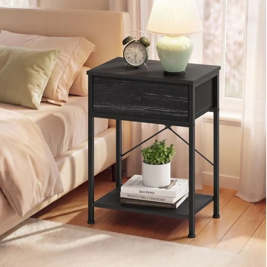 Mesa de cabeceira preta com tomada LED, 39,6 x 30 x 60,4 cm, 2 gavetas Preto
