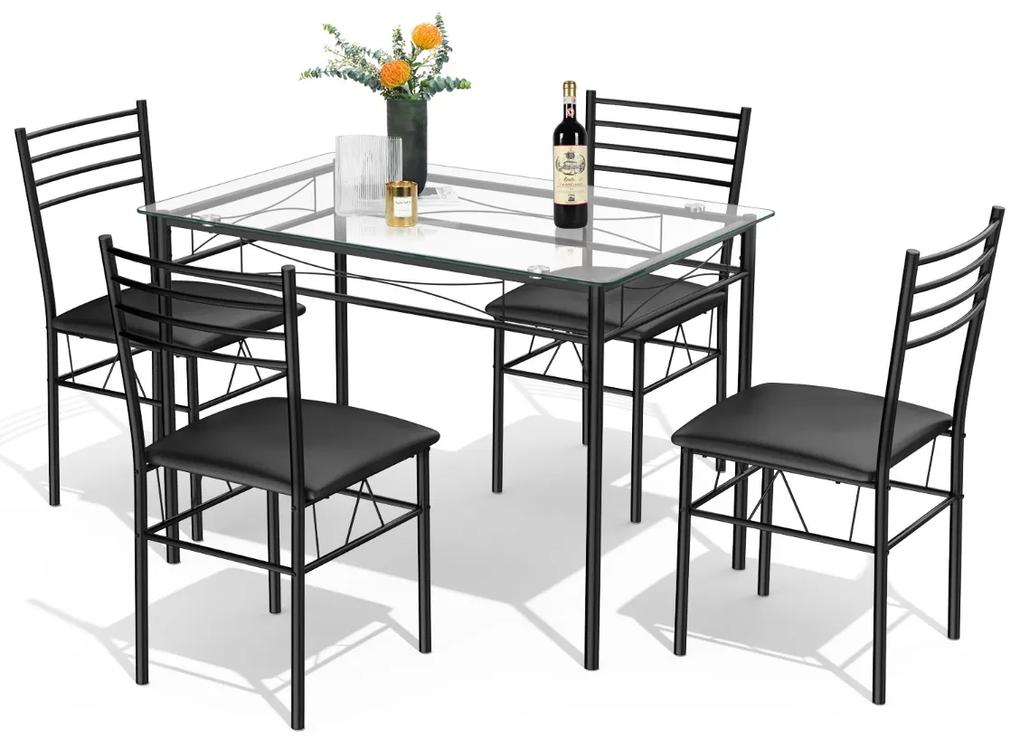 Conjunto de mesa de jantar de 5 peças com banco de vidro temperado e 4 mesas estufadas conjuntos de móveis para cozinha e sala de estar Preto