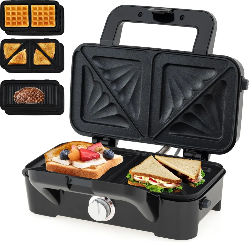 Máquina de waffles 3 em 1, sanduicheira e grelha com placas antiaderentes intercambiáveis e removíveis com regulador de temperatura Preto