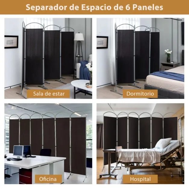 Biombo de 6 painéis de tecido Divisória de quarto para varanda, escritório, sala de estar 331 x 51 x 188 cm Castanho