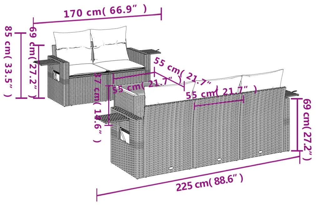 6 pcs conjunto de sofás p/ jardim com almofadões vime PE bege