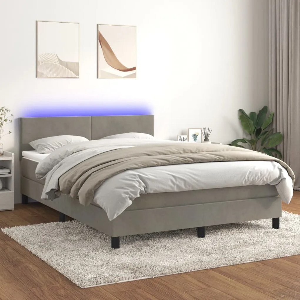 Cama box spring c/ colchão/LED 140x200 cm veludo cinzento-claro