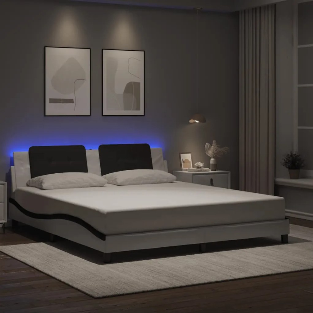 Estrutura cama c/ luzes LED 180x200cm couro artif. branco/preto