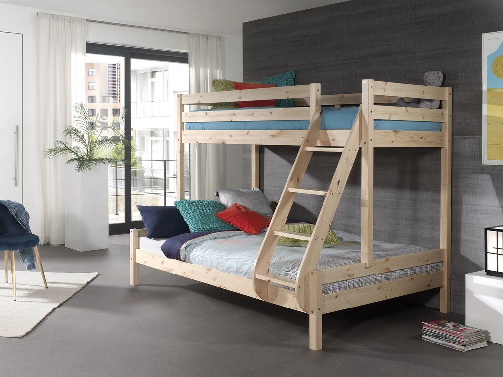 Beliche com Cama Casal PINO MARTIN FAMILY BED (90 x 200 Cm) + (140 x 200 cm) + estrado Natural