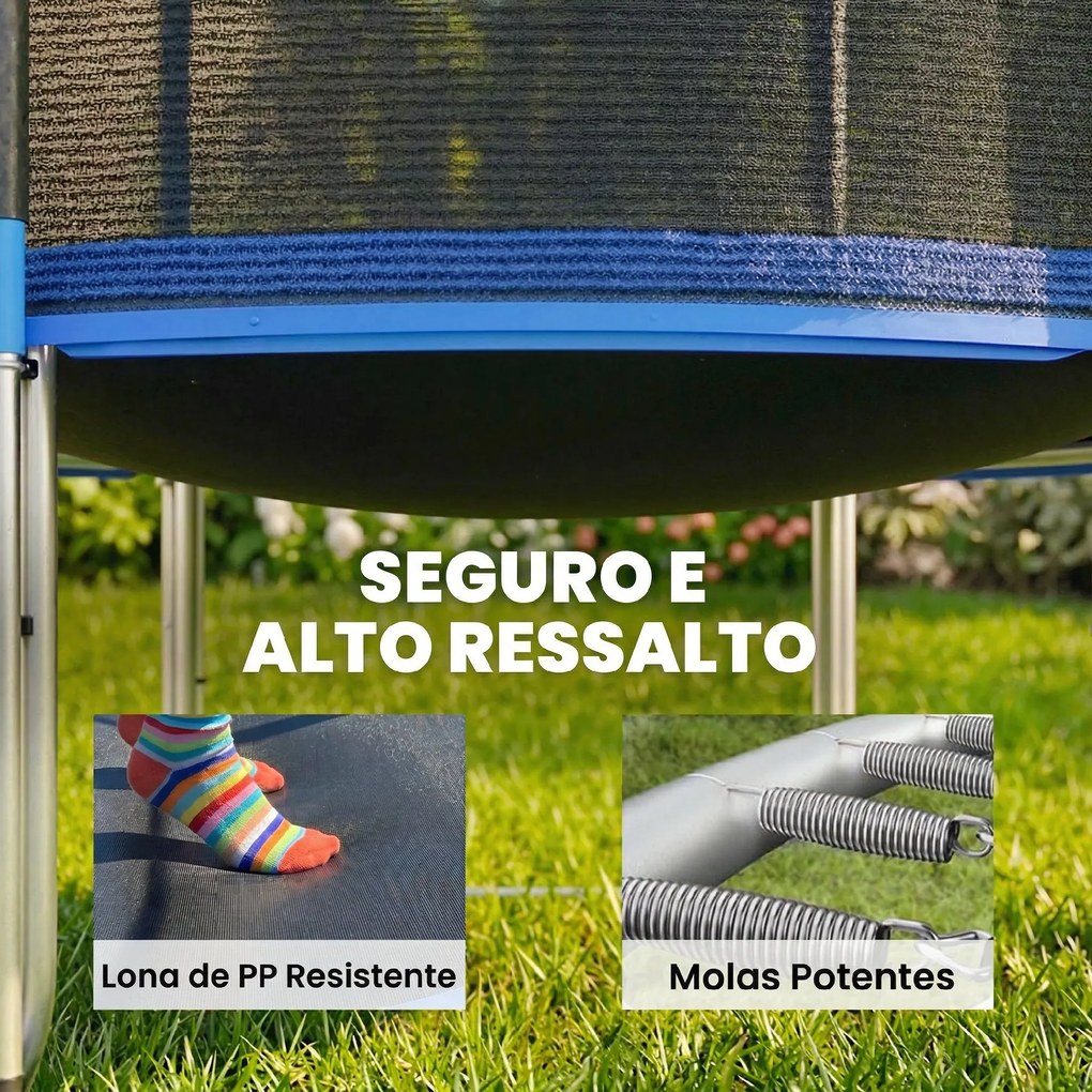 Trampolim para Crianças Exterior Ø305 cm com Rede de Segurança Escada Acolchoamento de Molas Azul