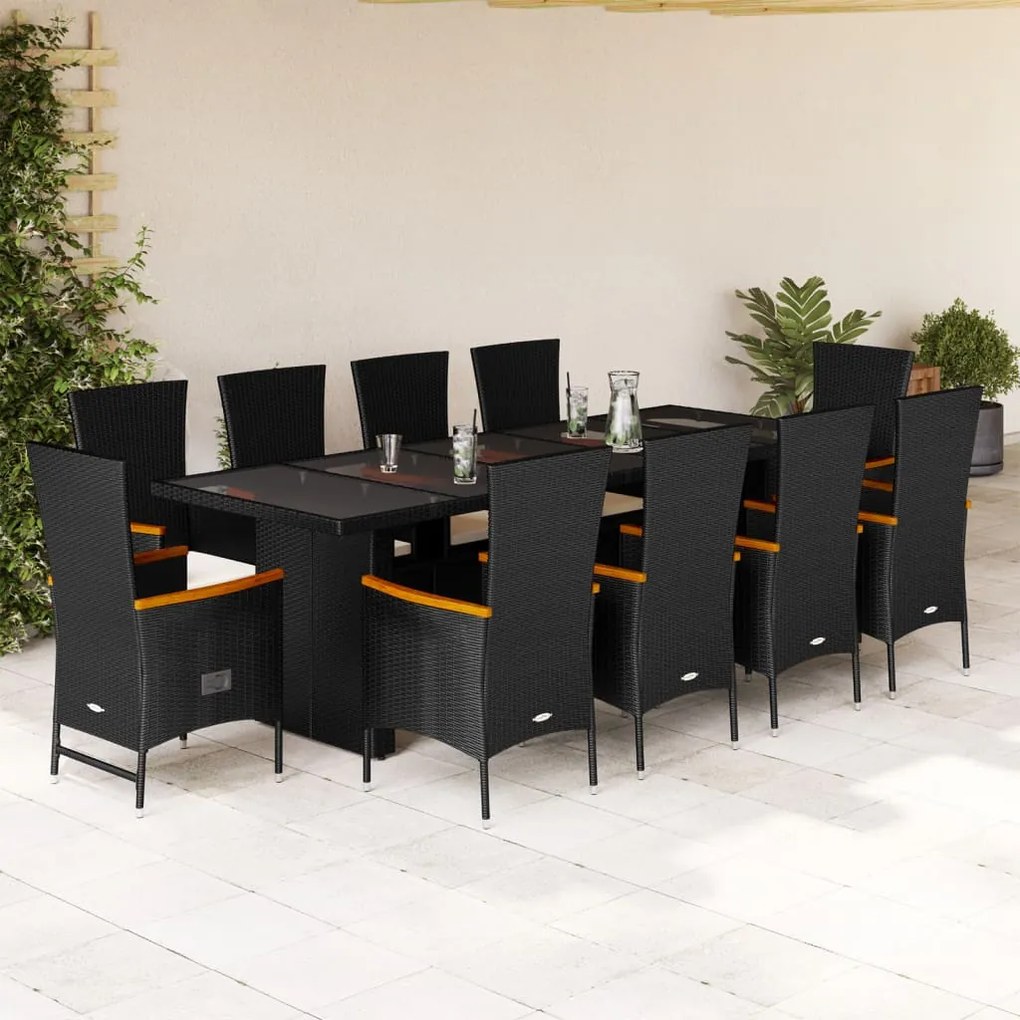 vidaXL 11 pcs conjunto de jantar p/ jardim c/ almofadões vime PE preto