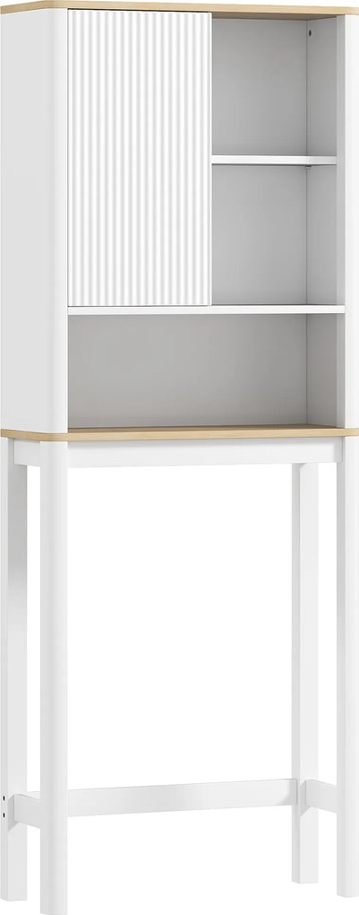 Móvel de arrumação para colocar por cima da sanita 65 x 25 x 170 cm, com porta canelada, compartimentos e prateleira ajustável, branco