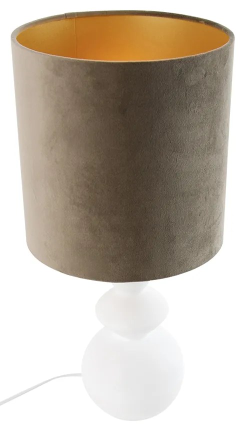 Candeeiro de Mesa Design Abajur em Veludo Branco Cinza-Claro e Dourado 25 cm - Alisia Design