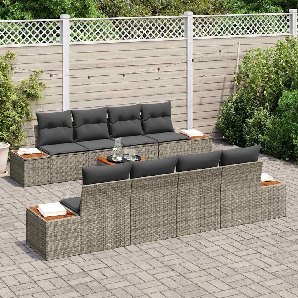 Conjunto de Sofá de Jardim com 9 Peças e Almofadas Cinza em Rattan Sin