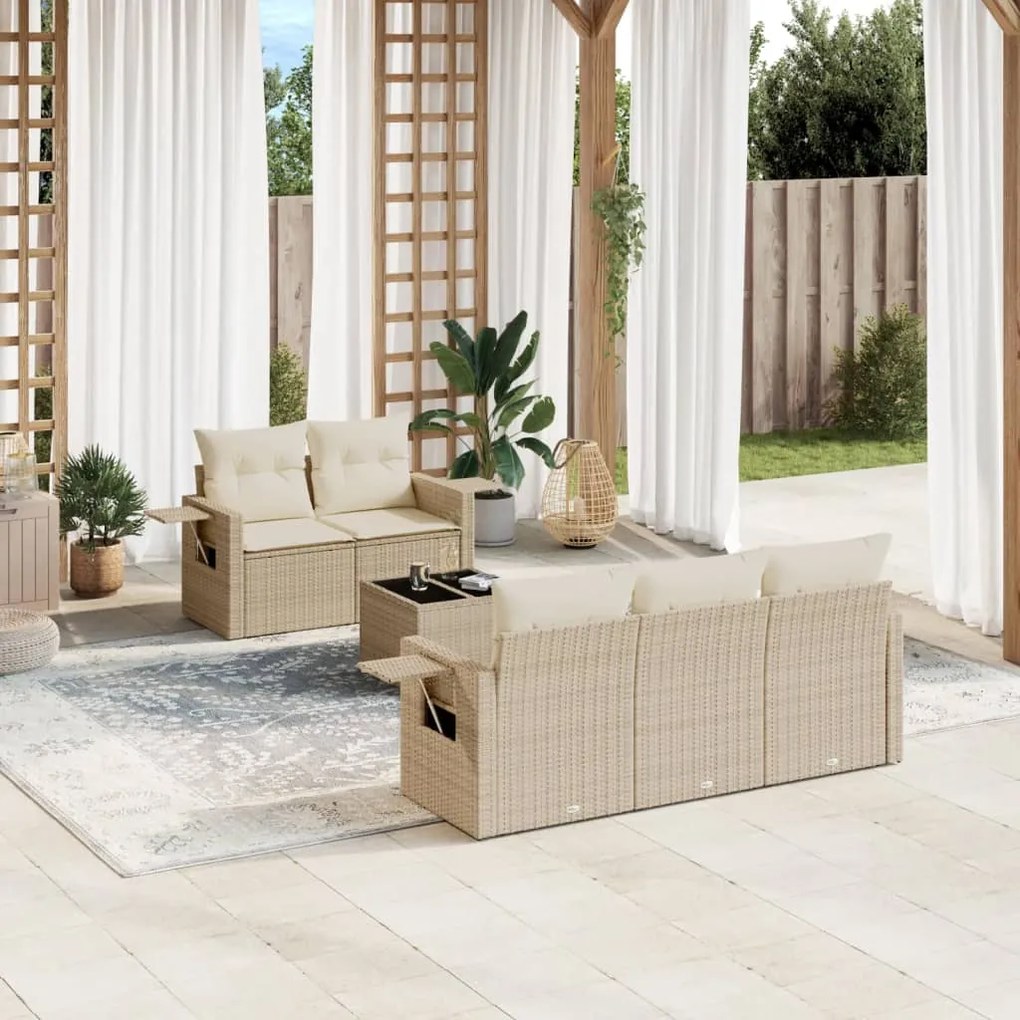 6 pcs conjunto de sofás p/ jardim com almofadões vime PE bege