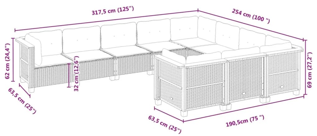 10 pcs conjunto sofás de jardim c/ almofadões vime PE preto