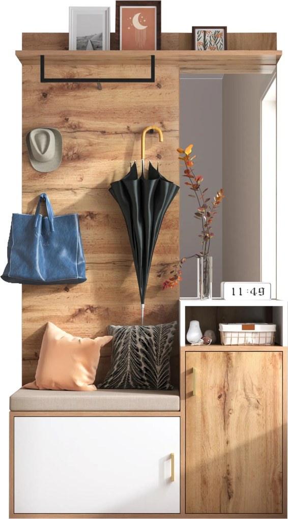 Conjunto de entrada com espelho, banco, 2 compartimentos para sapatos, ganchos e barra de cabide, 105x40x190,5 cm, Branco+Cor natural| AOSOM Portugal