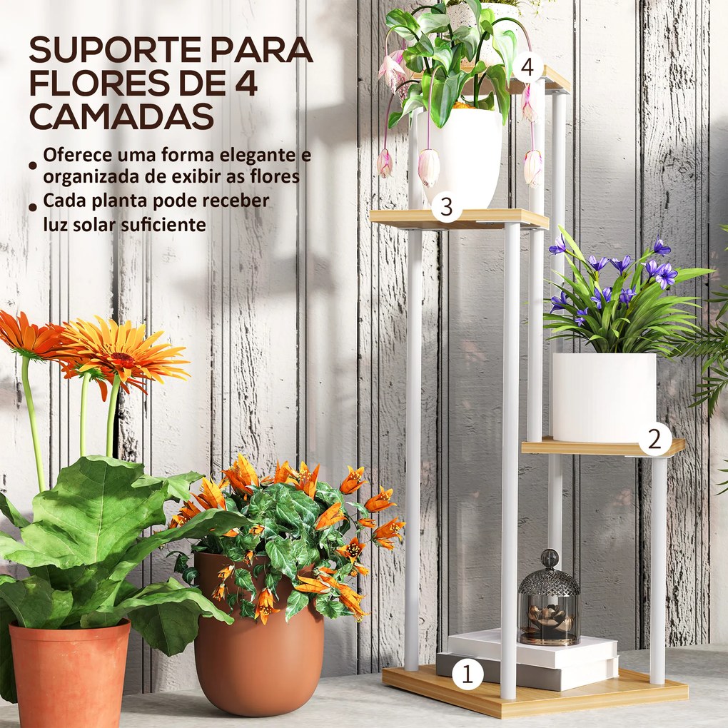 Suporte para Plantas de 4 Níveis de Madeira e Aço para Interior e Exterior 53x42x85 cm Madeira e Branco