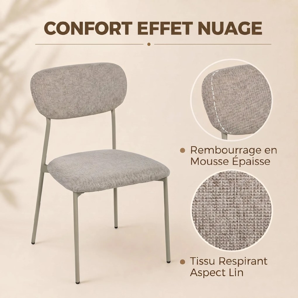 Conjunto de 2 cadeiras modernas de sala de jantar (MESA NÃO INCLUIDA), cadeiras de cozinha empilháveis em tecido com efeito de linho, castanho claro