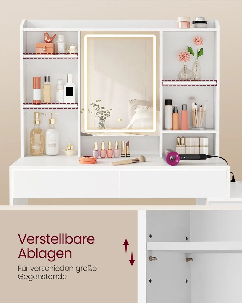 Toucador com espelho LED (BANCO NÃO INCLUIDO) e tomada múltipla 40 x 124,7 x 145 cm Coleção Kailyn branco