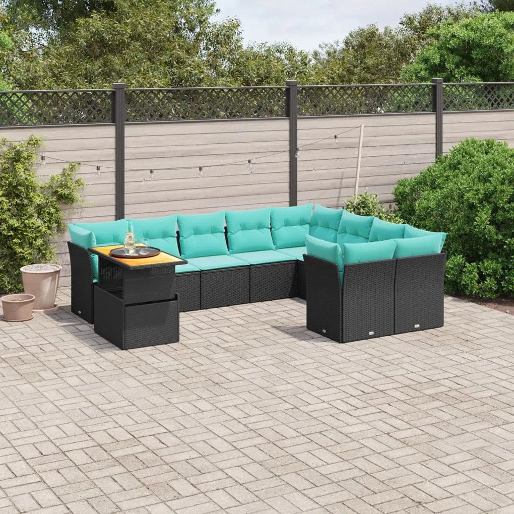 vidaXL 10 pcs conjunto de sofás p/ jardim c/ almofadões vime PE preto