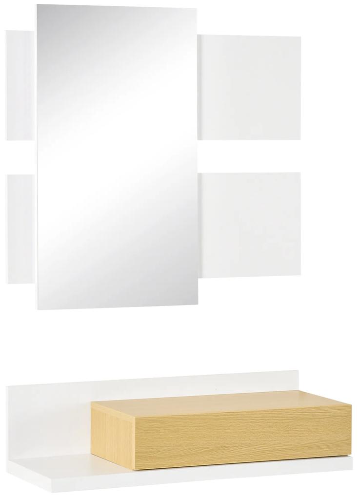 HOMCOM Conjunto de Móveis de Entrada com Espelho e Gaveta Estilo Moderno 75x4x70cm e 75x29x20cm Branco e Madeira | Aosom Portugal