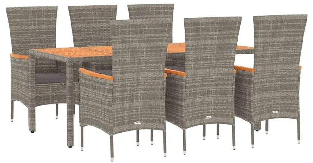 7 pcs conjunto de jantar p/ jardim c/ almofadões vime PE cinza