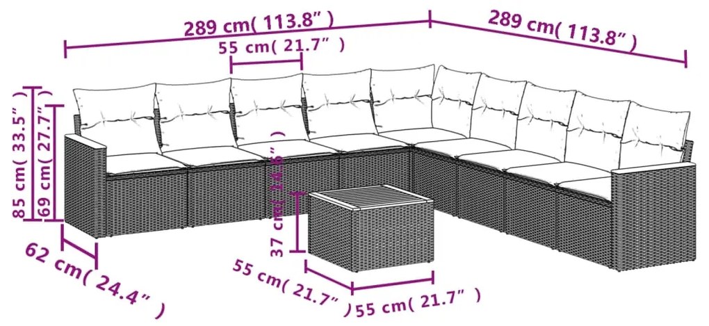 10 pcs conjunto sofás de jardim c/ almofadões vime PE cinzento