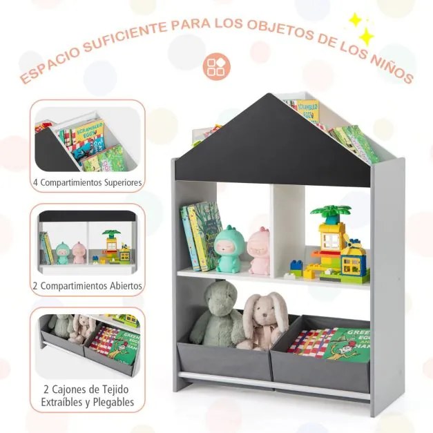 Estante em forma de casa para crianças Organizador de brinquedos em madeira com quadro branco 4 compartimentos 2 gavetas Cinzenta