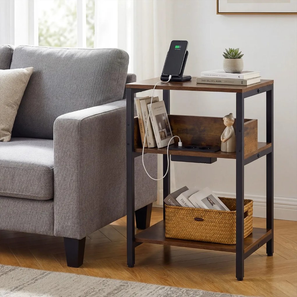 Mesa apoio de 3 níveis 40 x 30 x 61 cm com estação de carregamento USB e tomadas estilo industrial para sala e quarto Castanho Rústico e Preto