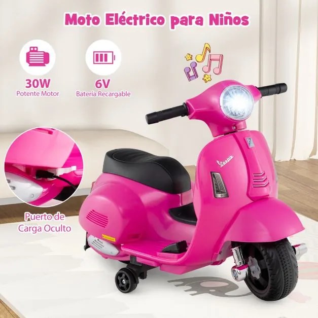 Mota elétrica para crianças 6V com rodas de treino removíveis Faróis Buzina Rosa