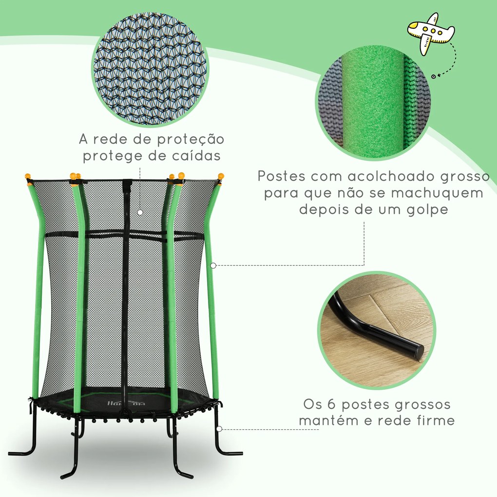 Trampolim para Crianças com Rede de Segurança e Estrutura de Aço para Interiores e Exteriores Carga 50kg Ø160x190 cm Verde